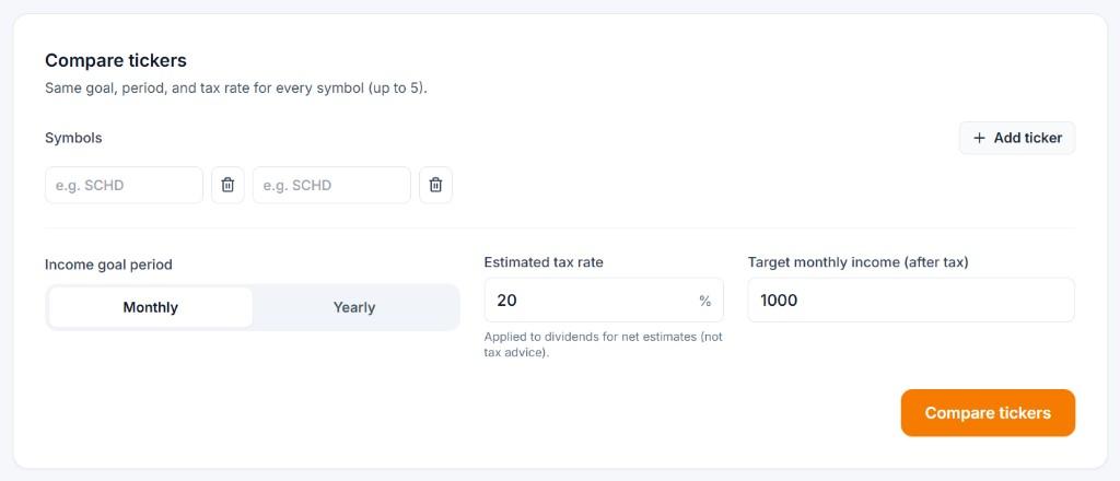 Dividend Income Goal Calculator compare-tickers form preview