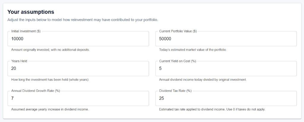 Dividend Snowball Calculator assumptions form preview