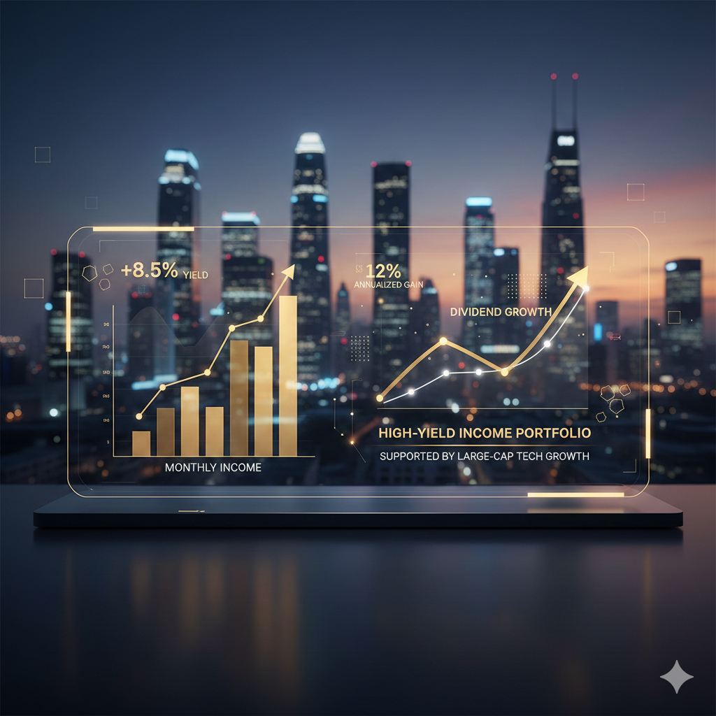 High-yield income portfolio dashboard showing rising monthly income and dividend growth supported by large-cap technology companies