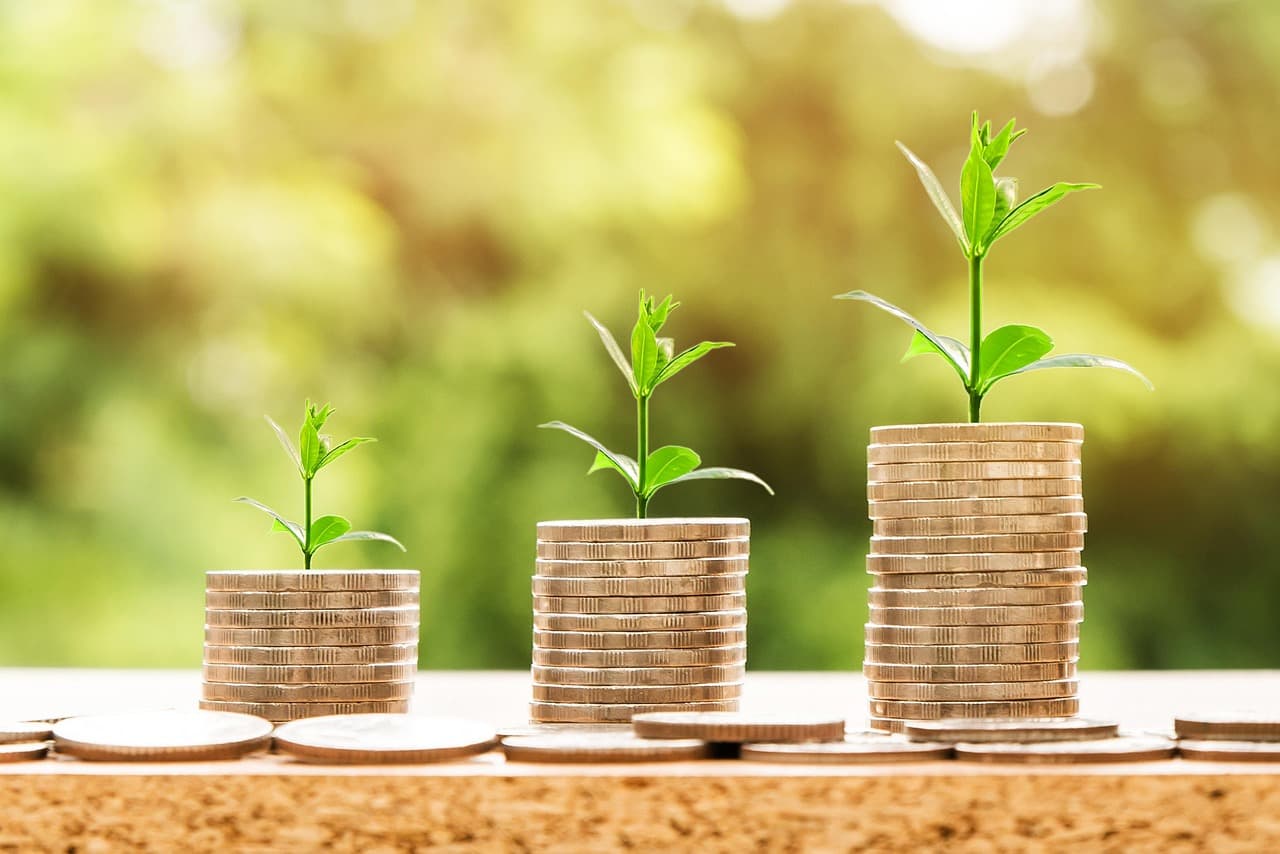 Three stacks of coins with small green plants growing from each, symbolizing the compounding growth of dividend income and long-term investing.