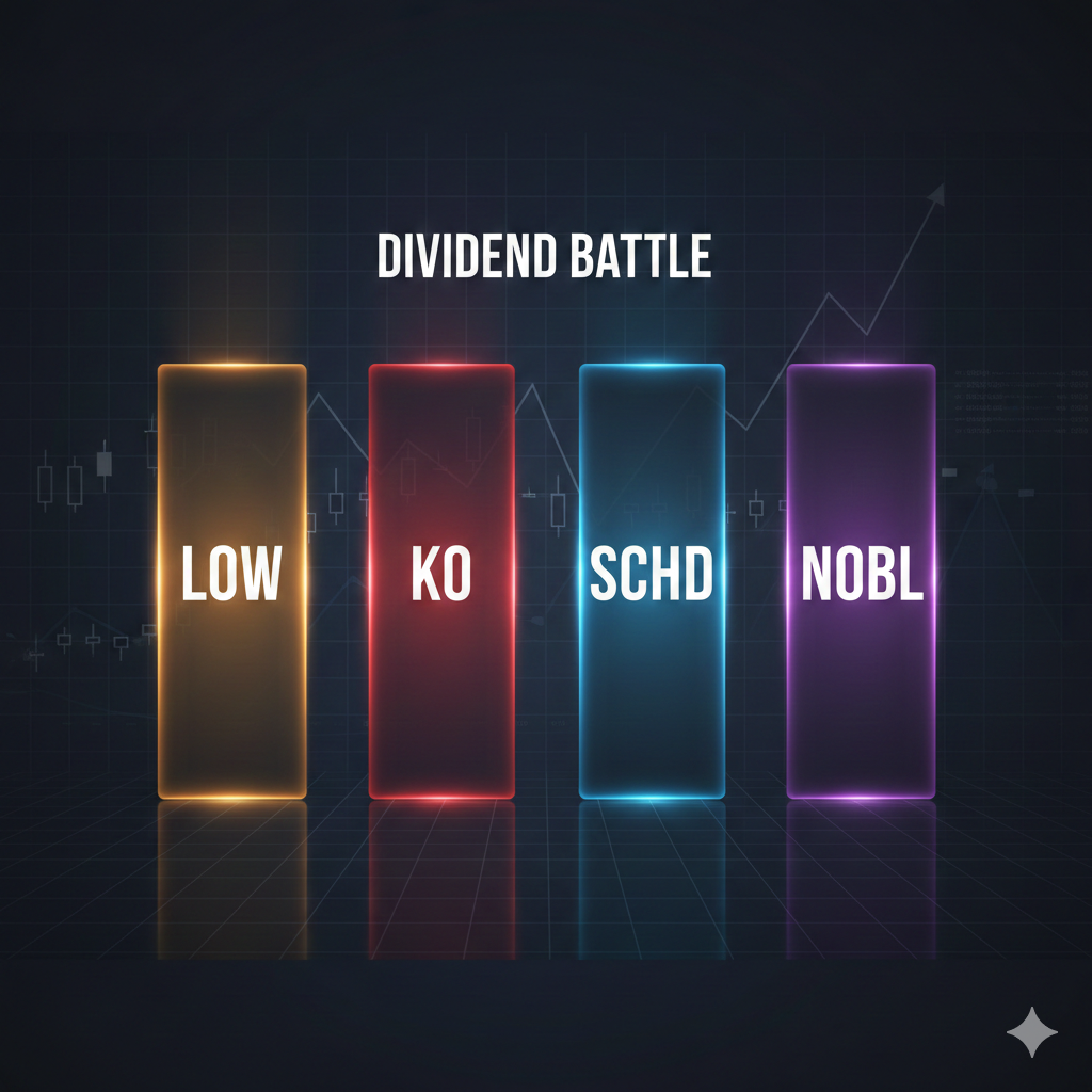 DividendXray comparison of LOW, KO, SCHD, and NOBL showing dividend growth and yield on cost metrics