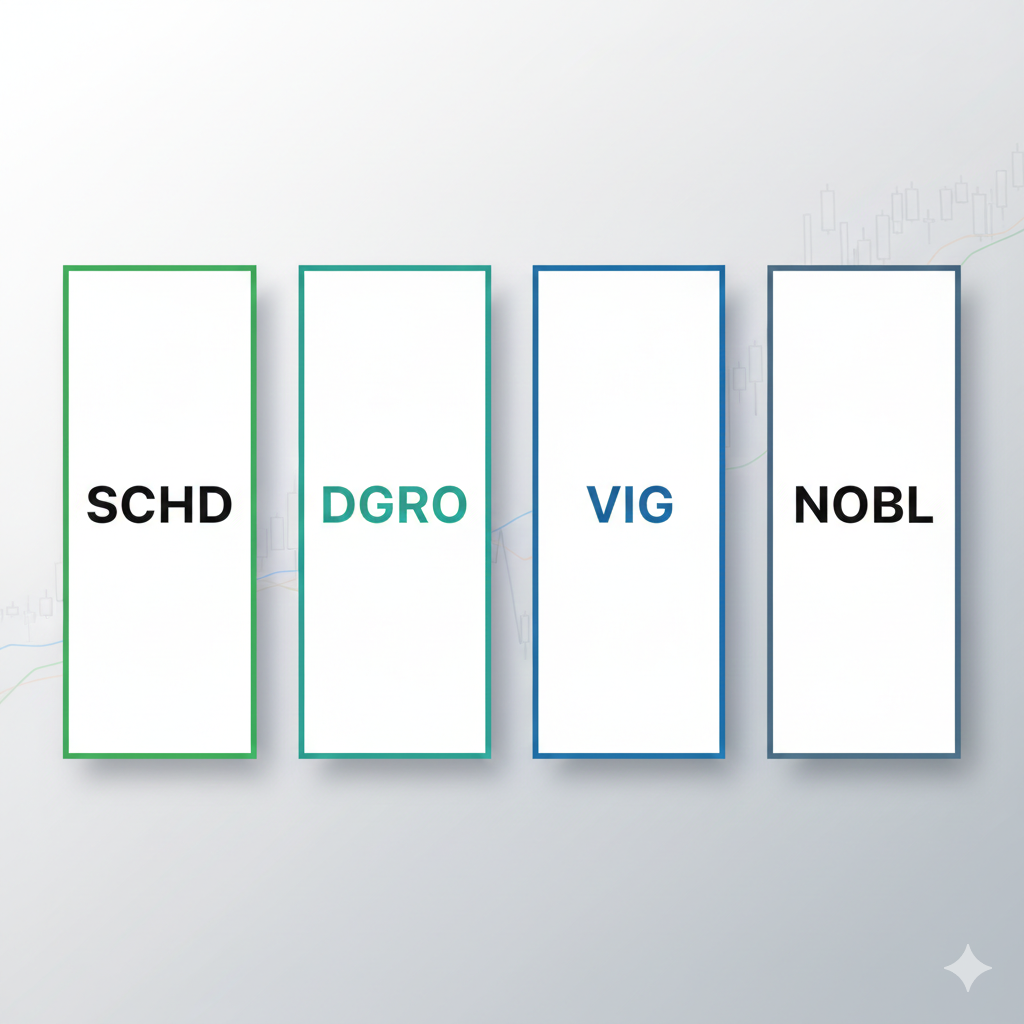 Dividend ETF comparison between SCHD, DGRO, VIG, and NOBL showing five-year performance metrics