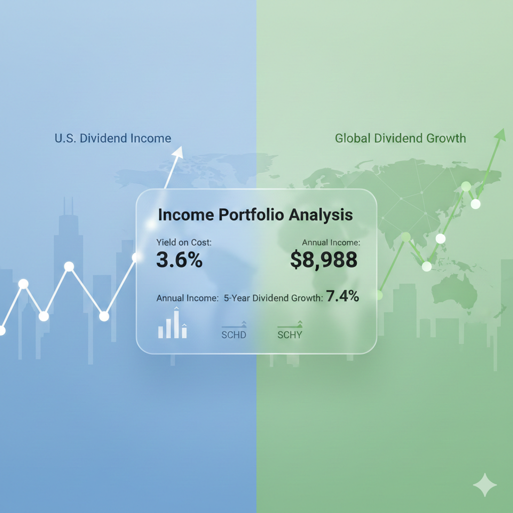 SCHD and SCHY dividend income portfolio analysis showing yield on cost and projected income growth